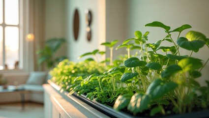 Fototapeta premium Vibrant green plants thrive indoors, bathed in gentle sunlight, creating a tranquil scene.