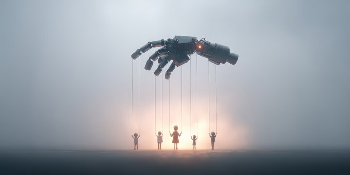 Group of children are holding onto a puppet that is being pulled by a giant hand. The scene is set in a foggy, mysterious atmosphere