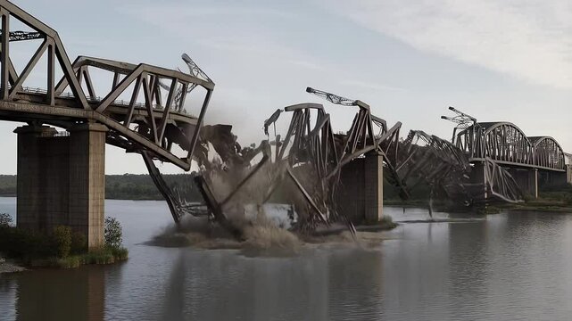 Large bridge collapsing dramatically over wide river