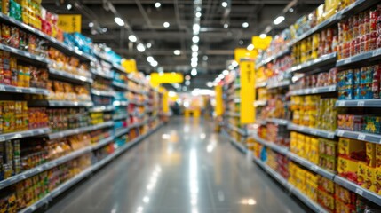 Fototapeta premium A bustling grocery store aisle displays various food products on shelves under bright lights. Shoppers explore the colorful selections, creating a lively atmosphere.