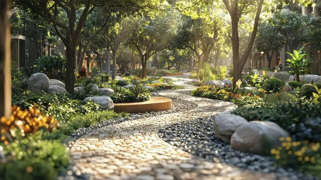Sunlit garden path winds through lush greenery, stone & flowers