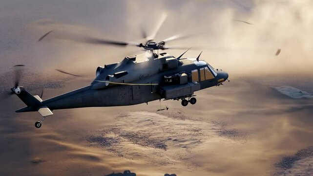 Military helicopter lifting off creating a dust cloud