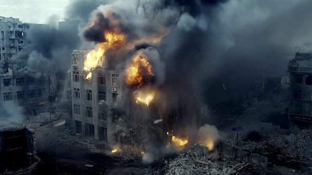 Missile striking a fictive multi story residential building in a war torn urban area