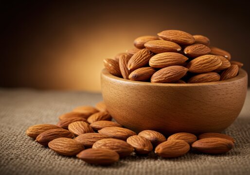 Fresh almonds in a wooden bowl, a healthy and delicious snack option.