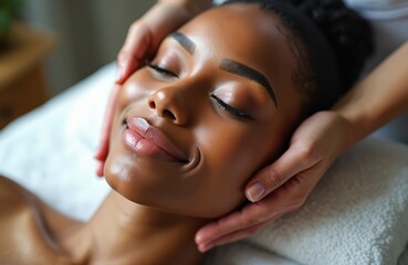 Young black woman enjoys facial massage in spa wellness center. Skilled esthetician gently massages face. Woman looks peaceful, enjoys beauty treatment. Spa environment provides comfort, care,