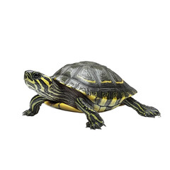 A yellow striped turtle on black background a reptile close up