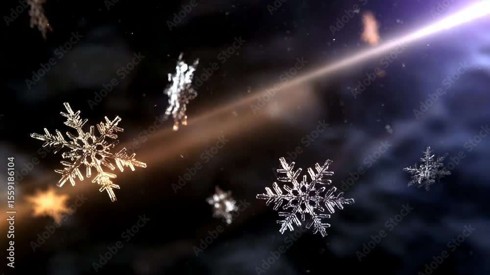Poster Large, detailed snowflakes float in the air, illuminated by rays of light, creating a magical winter atmosphere.