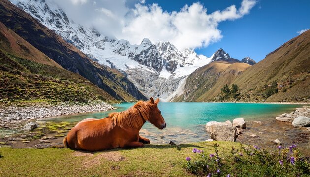 horse resting on the humantay lake trek in the peruvian andes