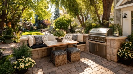 A beautifully designed backyard patio features a grill, comfortable seating with decorative cushions, and vibrant greenery. The space is perfect for outdoor relaxation and gatherings.