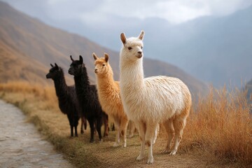 Obraz premium Four Beautiful Llamas in a Mountainous Landscape