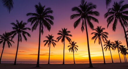 Obraz premium Silhouette of Palm Trees at Sunset on Tropical Beach