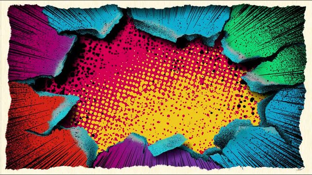pop art comic book panel style of colorful halftone dotted background with torn paper edges