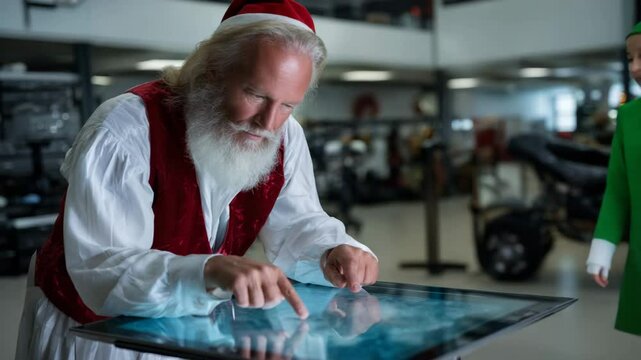 A modern-day Santa Claus works with an interactive table while his elf helper walks past, demonstrating innovations in the Christmas workshop.