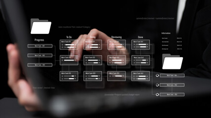 Project management system showing workflow stages, task progress, and review status. Task progress...