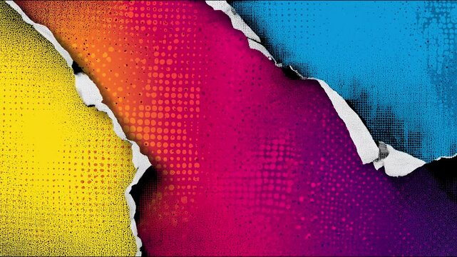 pop art comic book panel style of colorful halftone dotted background with torn paper edges