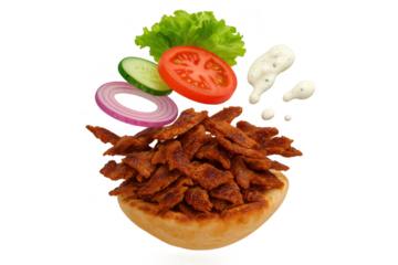 Delicious gyro meat with fresh vegetables and sauce, isolated on transparent background.
