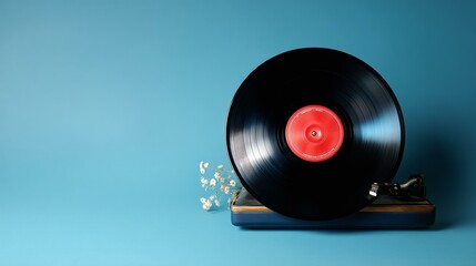 Obraz premium Vintage Record Player and Vinyl Record on Blue Background