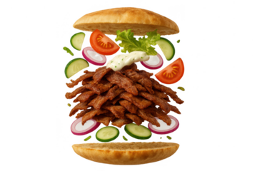 Deconstructed floating kebab sandwich ingredients isolated on transparent background