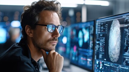cybersecurity expert monitoring AI systems in high tech command center, multiple screens with code and biometric data, ambient lighting