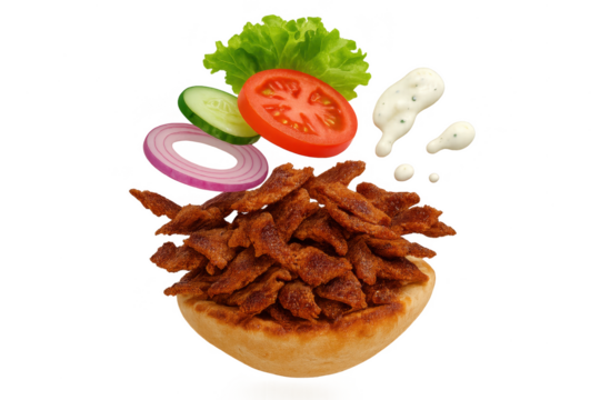 Delicious gyro meat with fresh vegetables and sauce, isolated on transparent background.