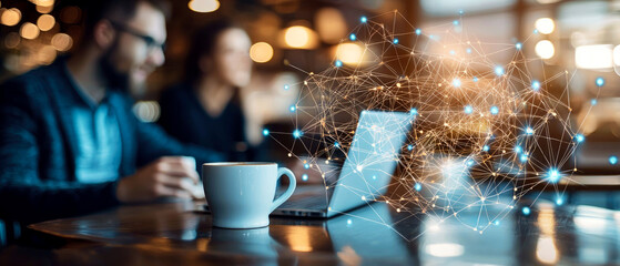 People working on laptops with a coffee cup on a table, overlaid with a digital network graphic. Tech business, collaboration, or innovation promotion visuals.
