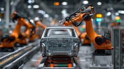 Fototapeta premium Robotic arms are meticulously assembling a vehicle on an automated production line within a modern automotive manufacturing facility. Bright lights illuminate the workspace.