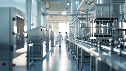 An expansive view of a modern factory, with workers in the distance and industrial equipment.