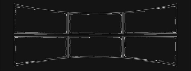 A 3D VR template with six empty, futuristic white overlay frames on a dark background, designed for multi-monitor AR VR setups. Perfect for customizable, immersive headset interfaces.