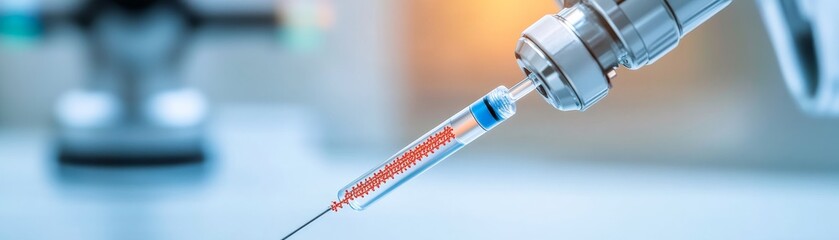 Medical Syringe Injecting Virus Sample Under Microscope, research , vaccine