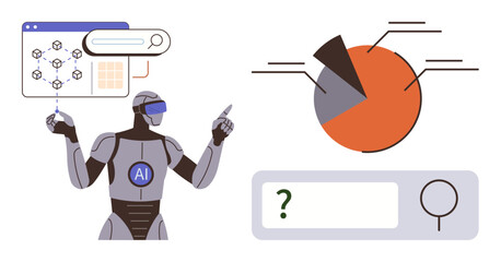 Robot labeled with AI interacting with digital charts, pie graphs, and search elements. Ideal for technology, machine learning, data processing, analytics, science, innovation simple flat metaphor