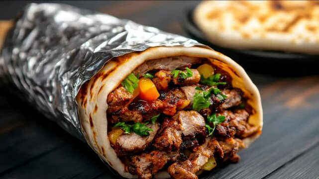 A close-up of a delicious shawarma wrap filled with grilled meat, fresh vegetables, and herbs, perfect for Eid celebrations or casual dining savory appetizing