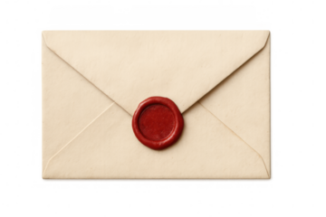 Vintage envelope featuring ornate red wax seal, showcasing traditional mail communication against transparent backdrop