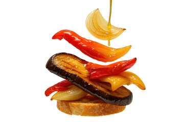 Delicious grilled vegetables bruschetta with olive oil on transparent background