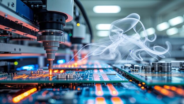 Robotic arm precisely soldering components on a circuit board with rising smoke.