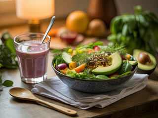 Colorful vegan salad with avocado, seeds, cherry tomatoes, and greens served with a berry smoothie on a wooden table with soft natural lighting.
