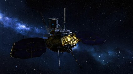 Spacecraft in deep space, solar panels deployed, near nebula - Powered by Adobe