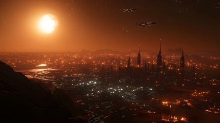 Futuristic cityscape with a bustling spaceport and starships in the night sky