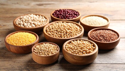 Soybeans and other seeds in wooden bowls on wooden table