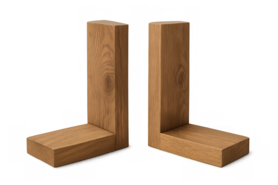 Pair of l-shaped wooden bookends isolated on transparent background, offering a simple yet elegant organizational solution for books