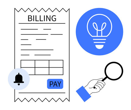 Billing receipt with payment button, glowing light bulb, magnifying glass, notification bell. Ideal for finance, innovation, productivity, research, payment systems digital tools simple landing