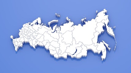 3D Render of Russia Map with State Borders on Blue Background