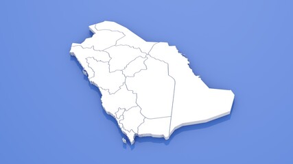 3D Render of Saudi Arabia Map with State Borders on Blue Background