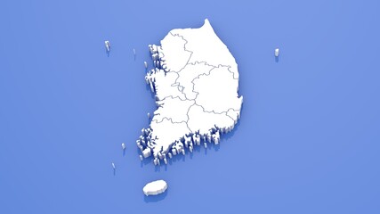3D Render of South Korea Map with State Borders on Blue Background