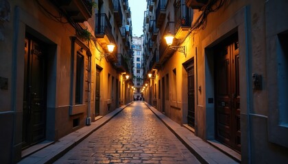 Obraz premium Barcelona alleyway at dawn. Cobbled street lined with historic buildings, warm lights. European urban travel destination. Charming passage, vintage ambience creates calm, peaceful feeling for