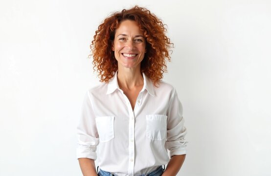 Portrait of smiling 50-year-old woman in white shirt on white background. Attractive middle-aged businesswoman with curly red hair, natural beauty, happy face, confident smile, good mood, studio shot.