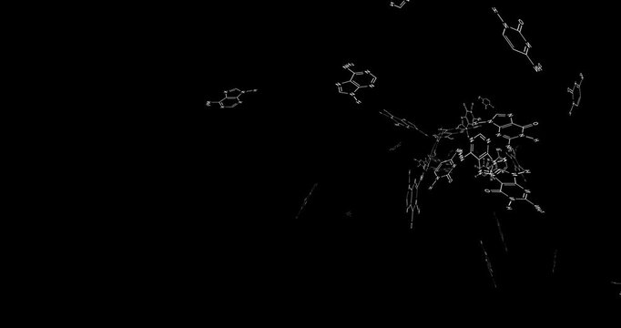 Flying structural formulas of nitrogenous bases, components of DNA. Chemical fantasies. Abstract animation.