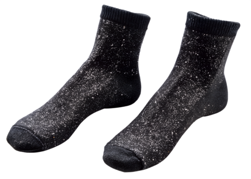 A pair of black socks with white specks isolated on transparent background, offering a modern and cozy fashion accessory