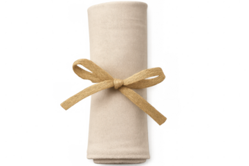 Rolled beige napkin tied with jute twine isolated on transparent background, perfect for restaurant and table setting designs