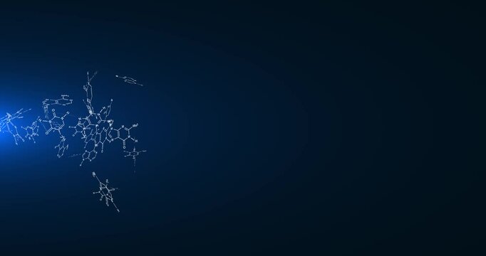 Flying structural formulas of nitrogenous bases, components of DNA. Chemical fantasies. Abstract animation.