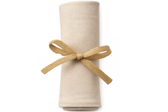 Rolled beige napkin tied with jute twine isolated on transparent background, perfect for restaurant and table setting designs